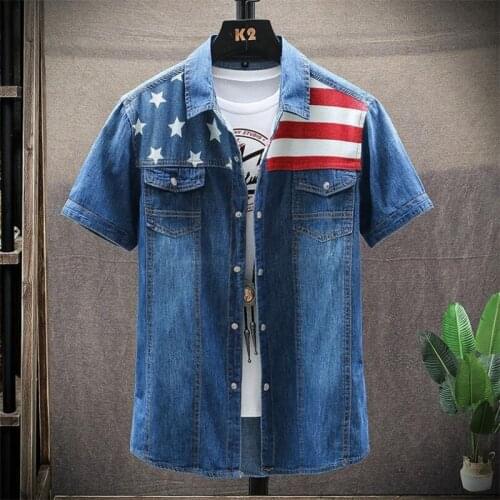 2021 Summer Mens Trendy Denim Shirt Business Casual Fashion Cotton Short-Sleeved Shirt National Flag Printing Top Cowboy Jacket