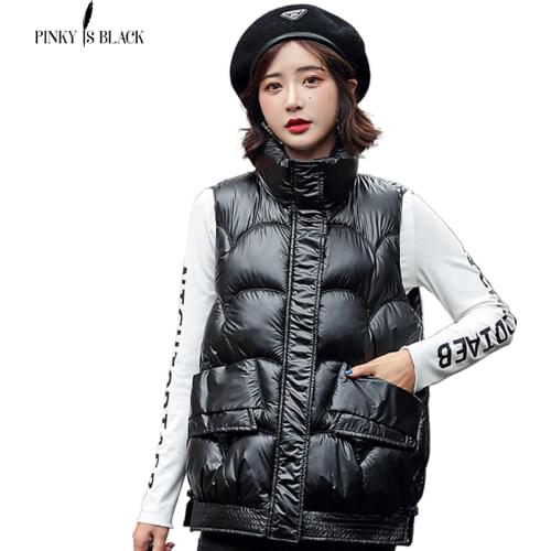 PinkyIsBlack Autumn Winter Womens Solid Loose Vest Glossy Stand Collar Short Vest Jacket Cotton Padded Womens Warm Waistcoat