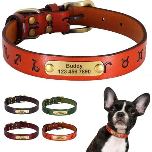 Real Leather Dog ID Collar Personalized Pet Collars With Custom Nameplate Tag For Small Medium Large Dogs Cats Free Engraving