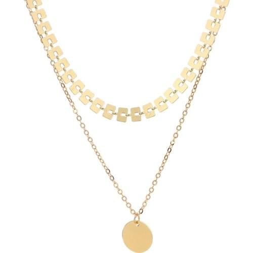 Poputton Gold color Double Choker Necklace for Women Round Coin Pendant Sequin Chain Multi Layered Necklace Jewelry Woman