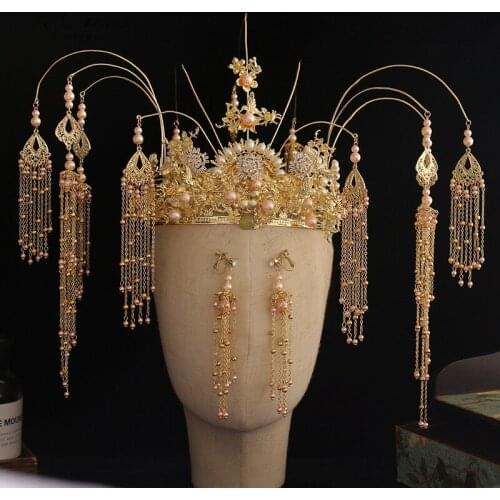 PEORCHID 2019 Gold Chinese Hair Jewellery Vintage Tassels Beaded Pearl Crown Headband Bridal Tiara Luxury Wedding Headpieces