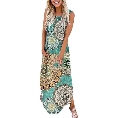 Printed Maxi Dresses Summer Fashion Beach Ladies Bohemian Sexy Sleeveless Sundress Women O-neck Pocket Loose Female Long Dresses