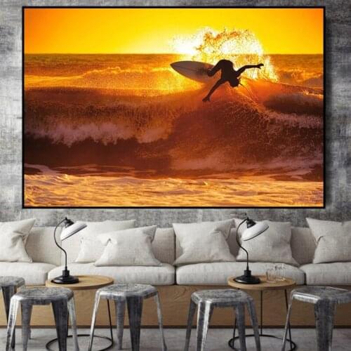Modern Fashion Poster Surfing Woman Canvas Prints Sunset Seascape Paintings for Living Room Frameless Wall Art
