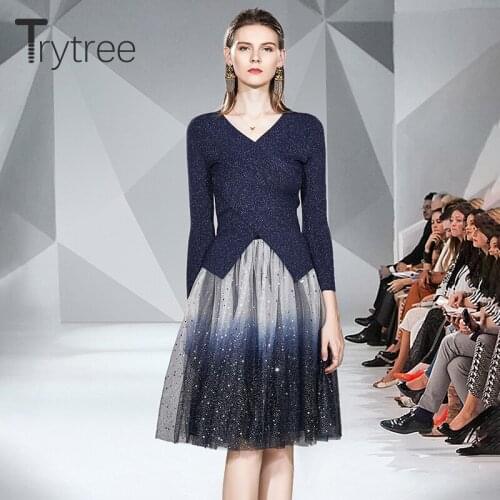 Trytree 2020 Autumn Winter Two piece set Casual V-neck Sweater Knitting Top + Dress Fashion Knee-Length A-line Set 2 Piece Set