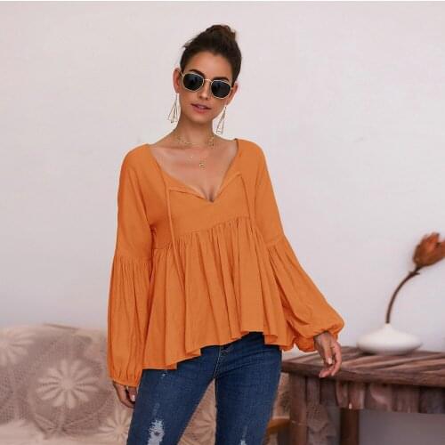 Autumn Winter V Neck Lace Up Solid Pleated T-shirts Women Casual Loose Lantern Long Sleeve Sweet High Waist Ruffles Hem Tee Tops