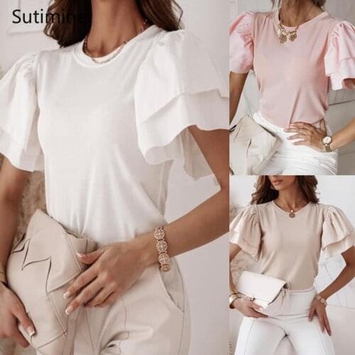 2021 Summer Vintage Woman T-shirt Solid Color Ruffles Short Sleeve Tee Shirt for Women Off White Pink Tops Elegant