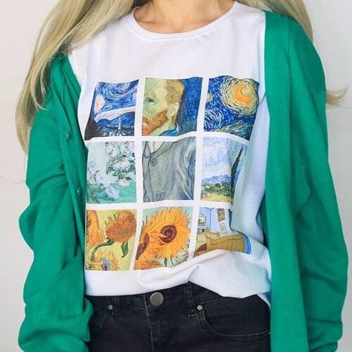 Women Van Gogh Painting Vintage T-Shirt Tumblr Grunge Aesthetic Printed Tee Short Sleeves White Tops