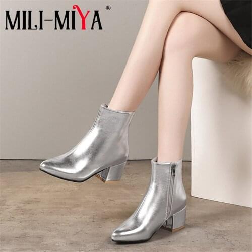 MILI-MIYA Fashion Women Shining Golden Ankle Boots Winter Zipper Pointed Toe Thick Heel Silver Party Plus Size High Heels Shoes