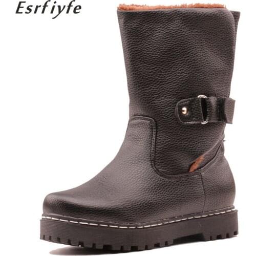 ESRFIYFE 2020 New PU Leather Winter Warm Fur Mid Calf Boots Womens Snow Boots Thick Heels Platform Female Shoes Large Size 50