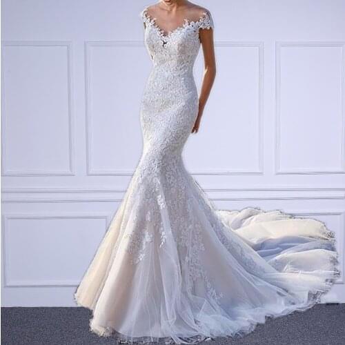 Elegant O Neck Sheer Mermaid Wedding Dresses With Appliques Lace Zipper Back Long Train Vestido De Novia 2020 Sirena Renda