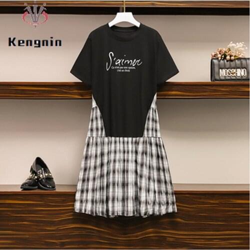 Plus Size 4XL Casual Dresses 2021 Summer Dress Woman Loose Plaid Patchwork Asymmetrical Black Dresses Lady Vestidos Robe KE1582