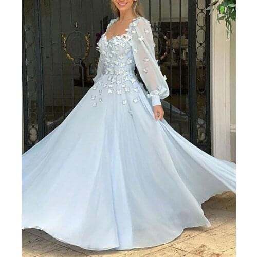 Elegant 3D Flowers Engagement Prom Dress 2021 Scoop Neck Long Sleeve Chiffon Evening Party Gowns Robe De Soiree Vestidos