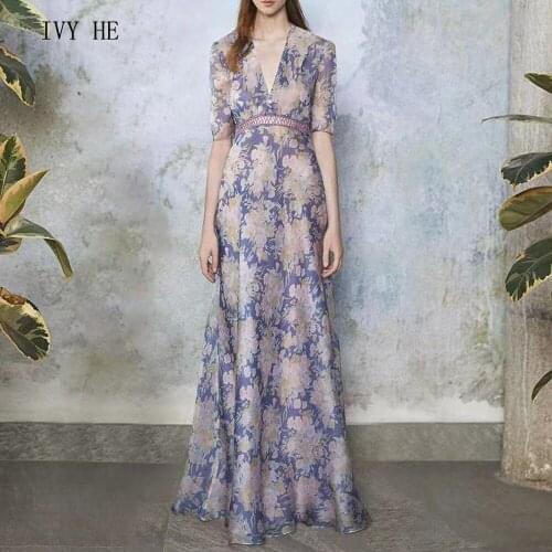 IVY HE High Quality Summer Dress Woman Clothing Light Luxury Purple Elegant Hollow Print Midi Long Party Vintage Dresses Traf ZA