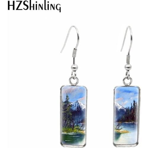 2020 New Mountain Lake Landscape Earring Fashion Rectangular Hook Earrings Glass Dome Photo Jewelry Handmade