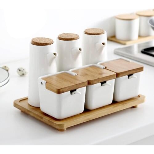 6pcs Nordic Art Ceramic White Seasoning Pot Soy Sauce Vinegar Pot Home Herb Box Kitchen Seasoning Salt Jar Multi Combination Set