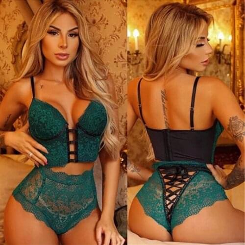 Women Sexy Lingerie Set Female Lace Bra and Hollow out High-waisted Panty Set 2 Piece Outfits Set Bandage Costume Mesh Sleepwear