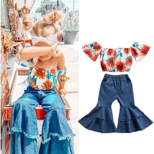 FOCUSNORM 2-7Y Summer Fashion Kids Girls Clothes Sets Off Shoulder Flowers Printed T Shirts Tops Denim Ruffles Flare Pants