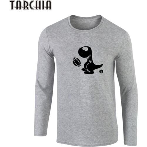 TARCHIA Men T Shirts Dinosaur Play Ball Funny Printed Streetwear Summer Fashion Long Sleeve Casual Top 100% Cotton T-Shirt Tees