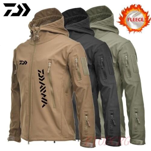 Daiwa Jackets Shark Skin Soft Shell Fishing Clothes Tactical Jacket Windbreaker Flight Pilot Hood Military Fleece Fishing Jacket