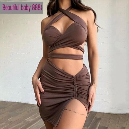 Meqeiss Bandage Sling Top With Mini Slits Bag Hip Skirt Suit 2021 Summer Sexy Girl Party Tourist Female Self-cultivation Suit