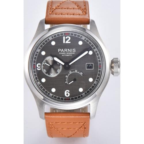 NEW Parnis 46mm Automatic Mens Watch ST 2530 movement Gray Dial Power reserve Date window small seconds leather strap clock