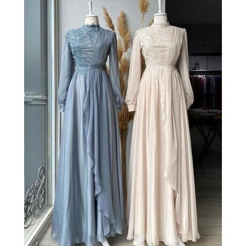 Elegant Appliques Long Sleeve Muslim Prom Dress 2021 A Line Saudi Arabic Evening Formal Party Gowns платье robe de soirée