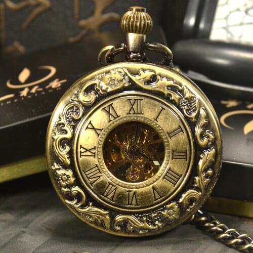 Steampunk Luxury Fashion Antique Skeleton Mechanical Pocket Watch Men Chain Necklace Business Casual Pocket Watches Gold