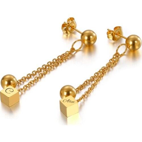 DIY Name Custom Earrings Initial Personalized Stainless Steel Engraved Stud Earrings for Women Statement Gold Metal Geometric