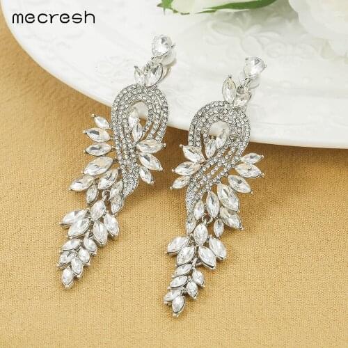 Mecresh Silver Color Crystal Leaf Clip On Earrings for Women Horse Eye Bridal Bridesmaid Clip Earrings Without Piercing MEH946