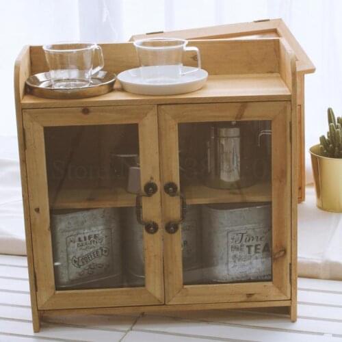 Retro Solid Wood Double-layer Glass Door Desktop Receiving Cabinet Small Cabinet Finishing Frame