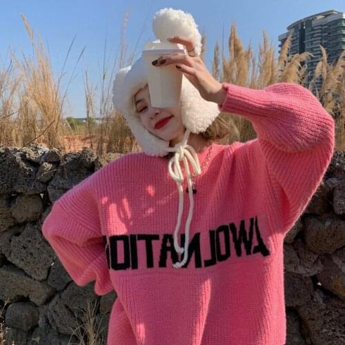 White Letter Sweater Women Sweet Loose Knitted Long Sleeve Tops Pink Thick Warm Pullovers Woman 2021 Autumn New