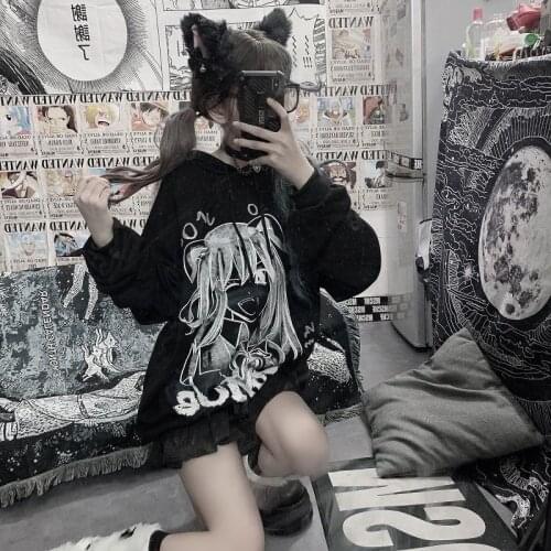 QWEEK Japanese Harajuku Hoodie Ainime Japan Style Manga Pink Kawaii Plus Size Hoodies 2021 Fashion Gothic Streetwear Women Tops