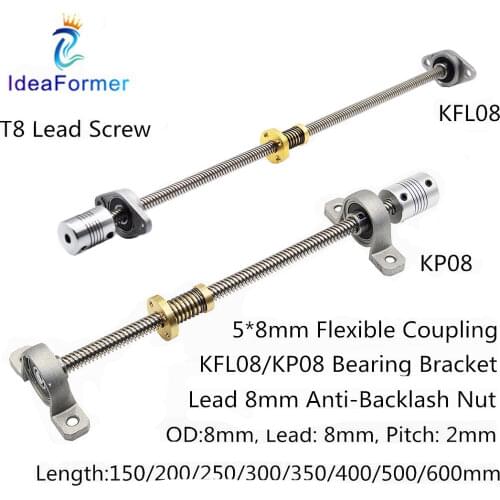 T8 Trapezoidal Lead Screw 150-600mm+Anti-Backlash Nut+KP08/KFL08 Bearing Bracket+5*8mm Flexible Coupling For 3D Printer Parts