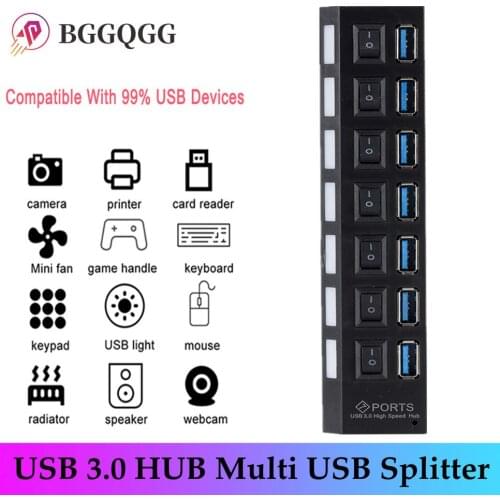 USB 3.0 Hub USB Hub 3.0 Multi USB Splitter 3 Hab Use Power Adapter 7 Port Multiple Expander USB3 Hub with Switch for PC