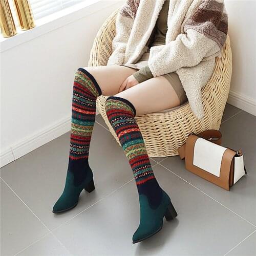 YMECHIC Fashion Bohemian Suede Block High Heel Knitting Long Stocking Over The Knee High Thigh High Boots Green Black lady Shoes
