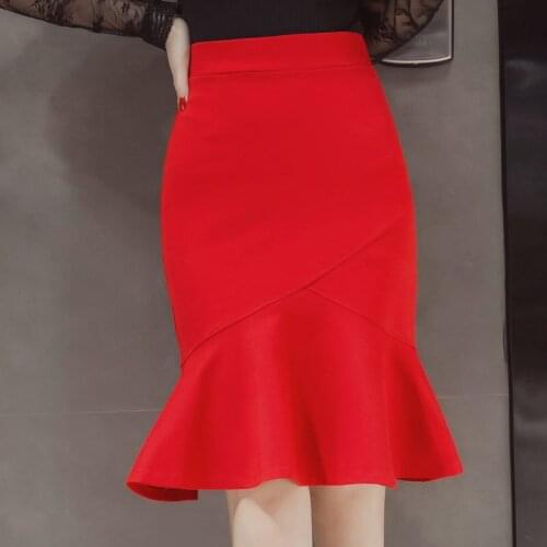 S-5xl Women Red Pencil Skirt Fashion OL Slim Business Formal Ruffled Hem Black Mermaid Skirt Plus Size Office Lady Clothes