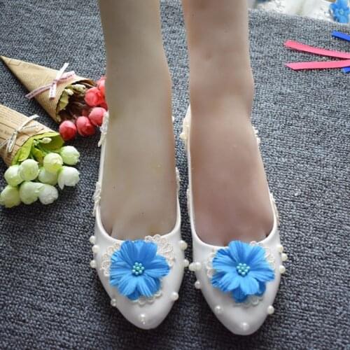 Handmade blue flowers lace flats shoes woman fashion design 2019 new NQ154 coming ivory pearls lace flats dancing brides shoe