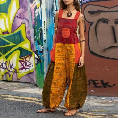 Ladies Summer Fashion Loose Jumpsuit Elegant Retro Print Round Neck High Waist Pocket Sleeveless Sling Harem Pants Jumpsuits