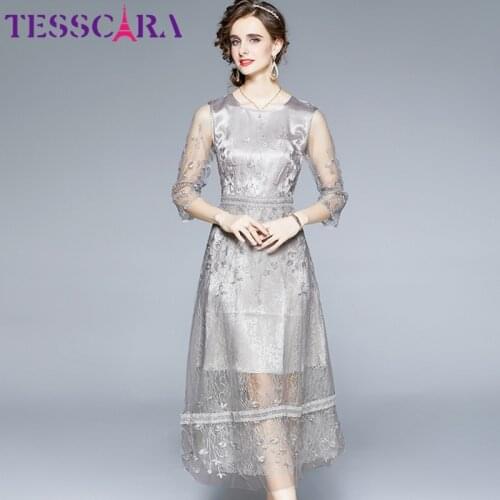 TESSCARA Women Summer Elegant Embroidery Mesh Dress Festa High Quality Long Wedding Party Robe Femme Runway Designer Vestidos