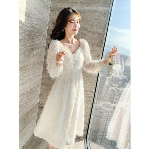 New 2021 Autumn Small Fragrant Wind Fringed Lace Party Dress Runway Women Long Sleeve V Neck Vintage Midi Dresses