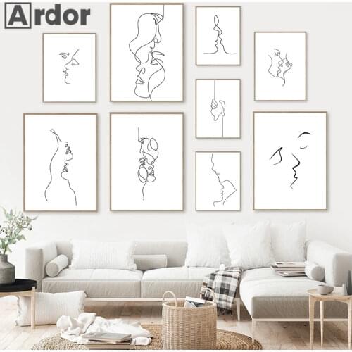 Abstract Couple Kiss Line Drawing Wall Art Poster Black And White Art Prints Heart Canvas Painting Minimalist Picture Home Decor