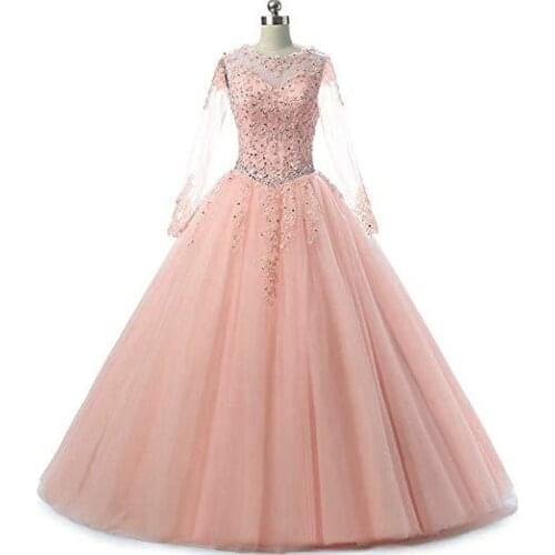 ANGELSBRIDEP Sweet 16 long Sleeves Quinceanera Dress Debutante Gown Sexy Sheer Neck Applique Hollow Back Celebrity Party Gowns