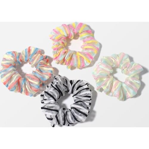 Colorful Striped Fashion Women Organza Hair Scrunchie For Summer Beach Vocation 4pcs/set Mesh Hair Bands Ponytail Holder Ties