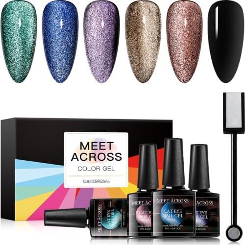 MEET ACROSS 9D Cat Eye Nail Gel Polish Chameleon Magnetic UV Gel Varnish 5D Purple Blue Soak Off UV LED Nail Art Gel varnish