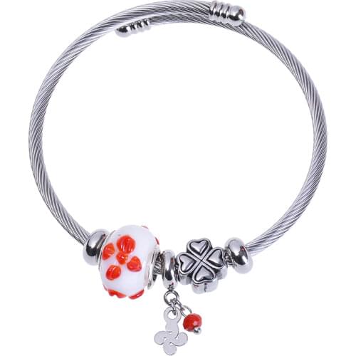 European and American Bracelet lady clover heart shaped metal titanium steel blackened retro stainless steel open Bracelet