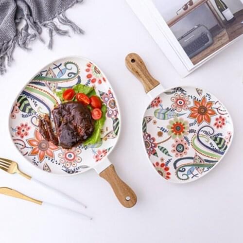 Dinner Plates Dish Steak Salad Tray with Wooden Handle Christmas Steak Plates Home Decor Oval Dishes Tableware