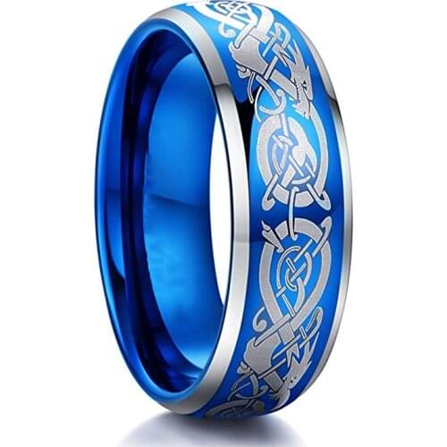 8mm Wide Tungsten Carbide Wedding Band Blue Dome Celtic Knot Dragon Rings for Men Women Comfort Fit Size 8 to 12