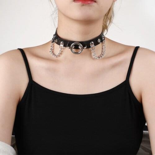 Punk Style Street Creative Multicolor Gothic Rock Metal Chain Ring Belt Collar PU Leather Necklace E22