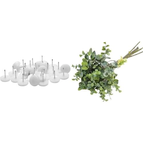 30x Table Chair Foot Floor Skid Slide Pad Nail Protectors 25mm Dia & 6 Pcs Eucalyptus Plastic Artificial Leaves Bunch