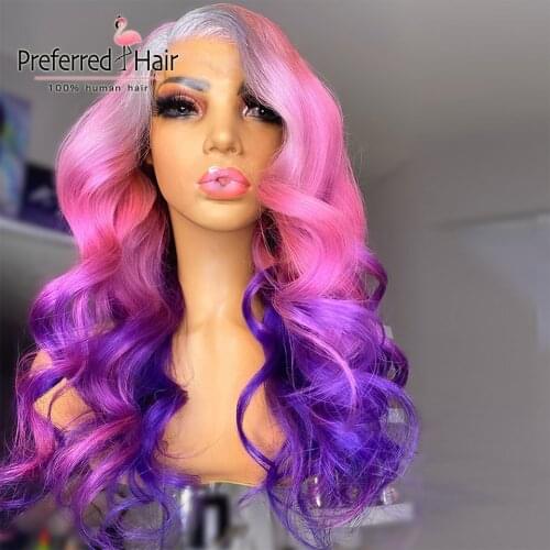 Preferred Pink Puple Ombre Lace Front Wig PrePlucked 13x4 Lace Frontal Wig Brazilian RemyTransparent Lace Human Hair Wigs